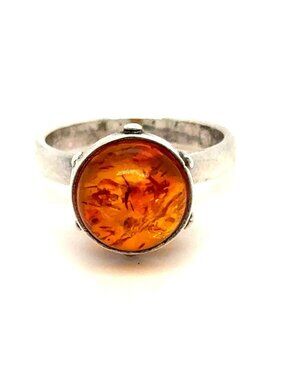 925 Silver Round Amber Ring